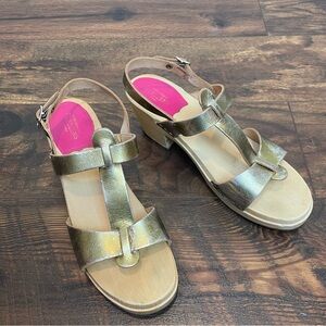 Swedish Hasbeens Gold Leather Greek Sandal Chunky Wooden Size 40
